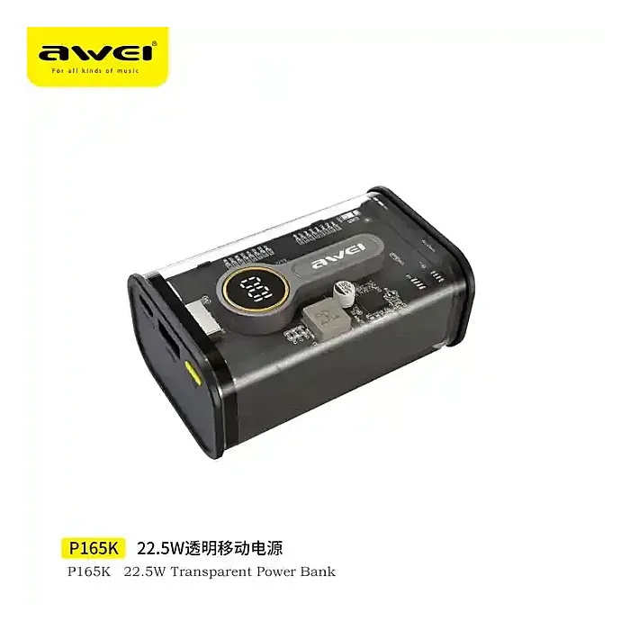 Awei P165K 22.5W 10000MAH Transparent PD Super Fast Power Bank Fast Charging Ultra Slim Power bank